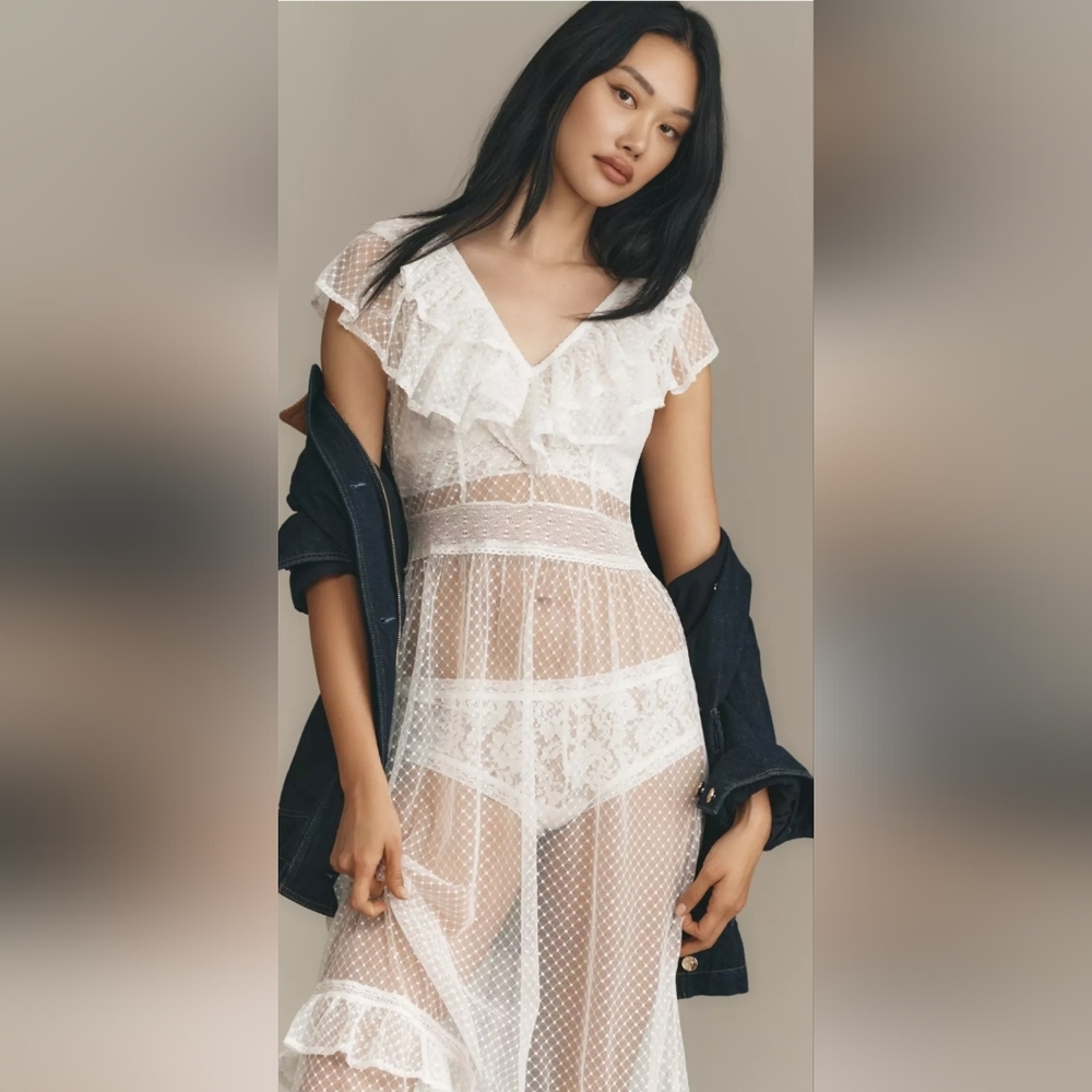 Anthropologie Ruffle Sheer Mesh Maxi Dress In White - Picture 4 of 7